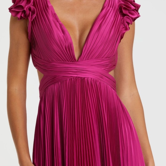 Ieena for Mac Duggal Purple Pleated Ruffled Cap Sleeve Cut Out Lace Up Gown - Picture 2 of 12